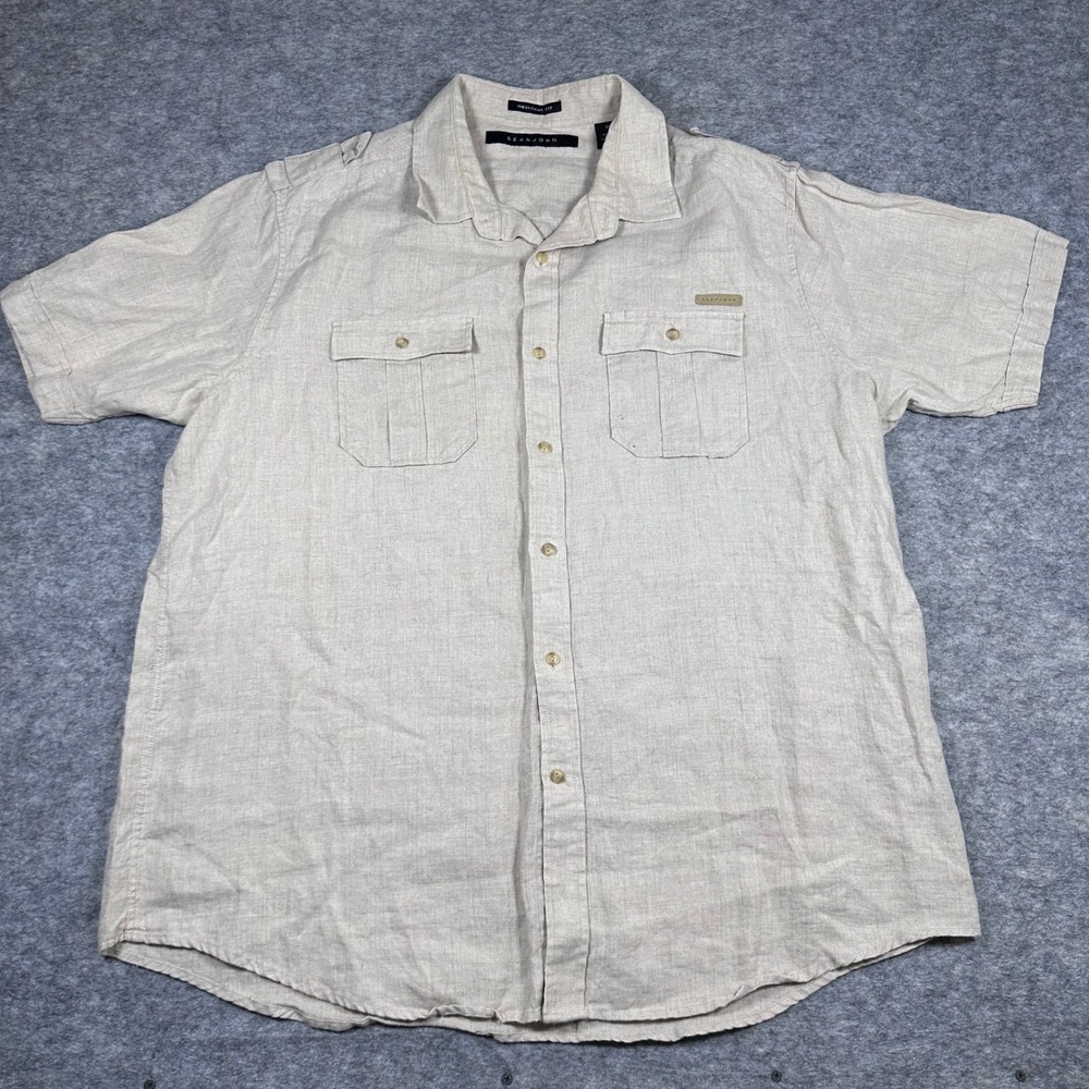 Sean John Button Up Shirt Beige Linen Short Sleeve Epaulets Mens XXL